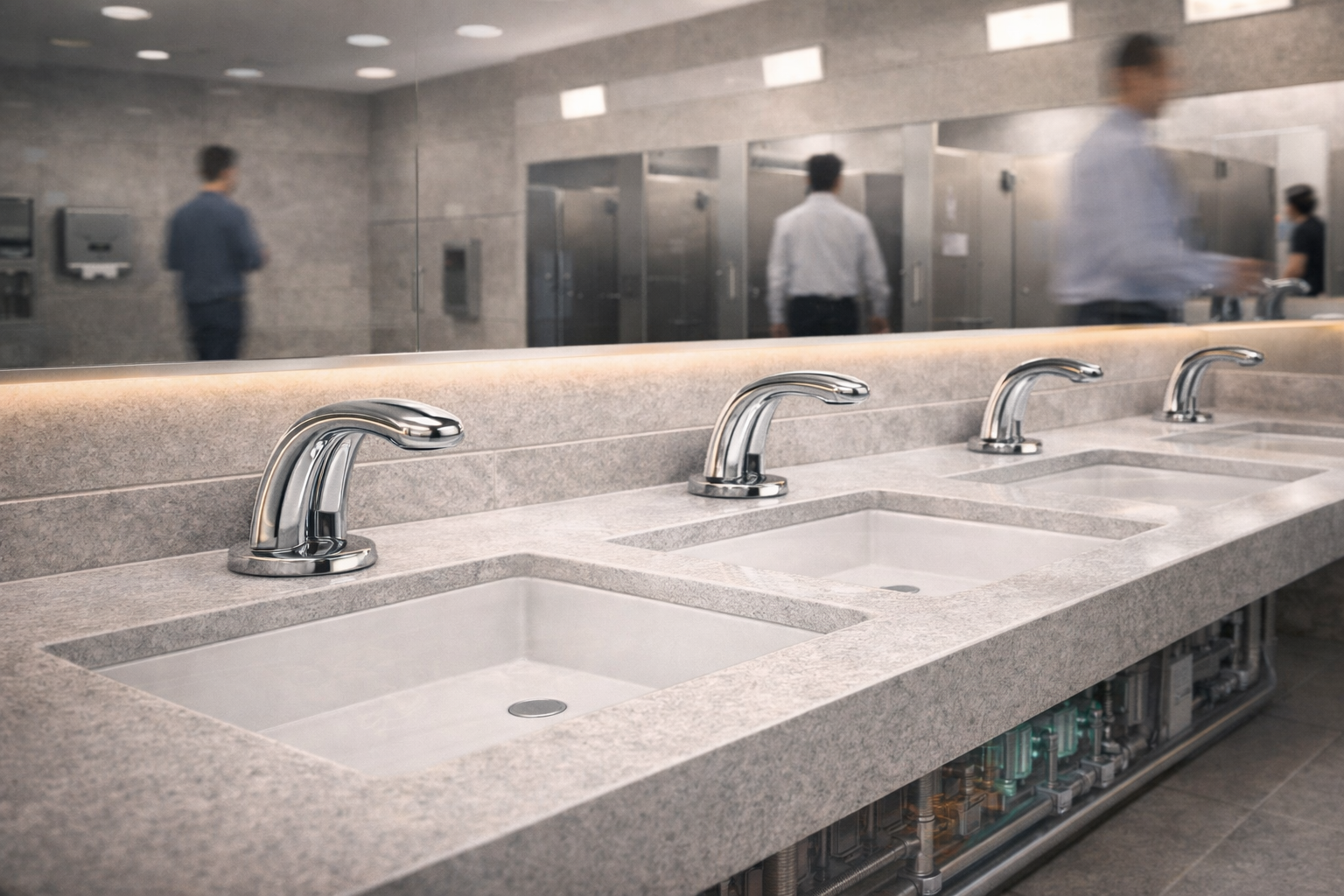 High-traffic institutional restroom using touchless faucet systems